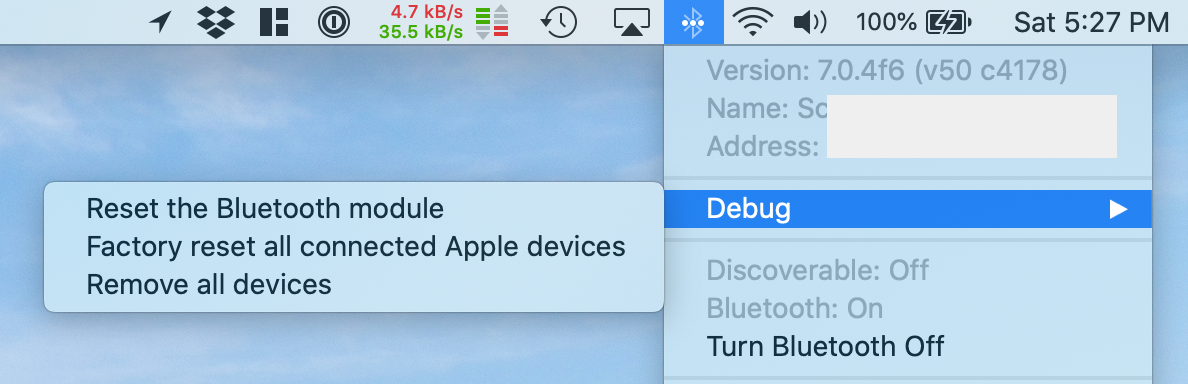 MacOS 10.15: Hold shift and option when clicking the bluetooth system menu icon to access hidden bluetooth debug options and information.